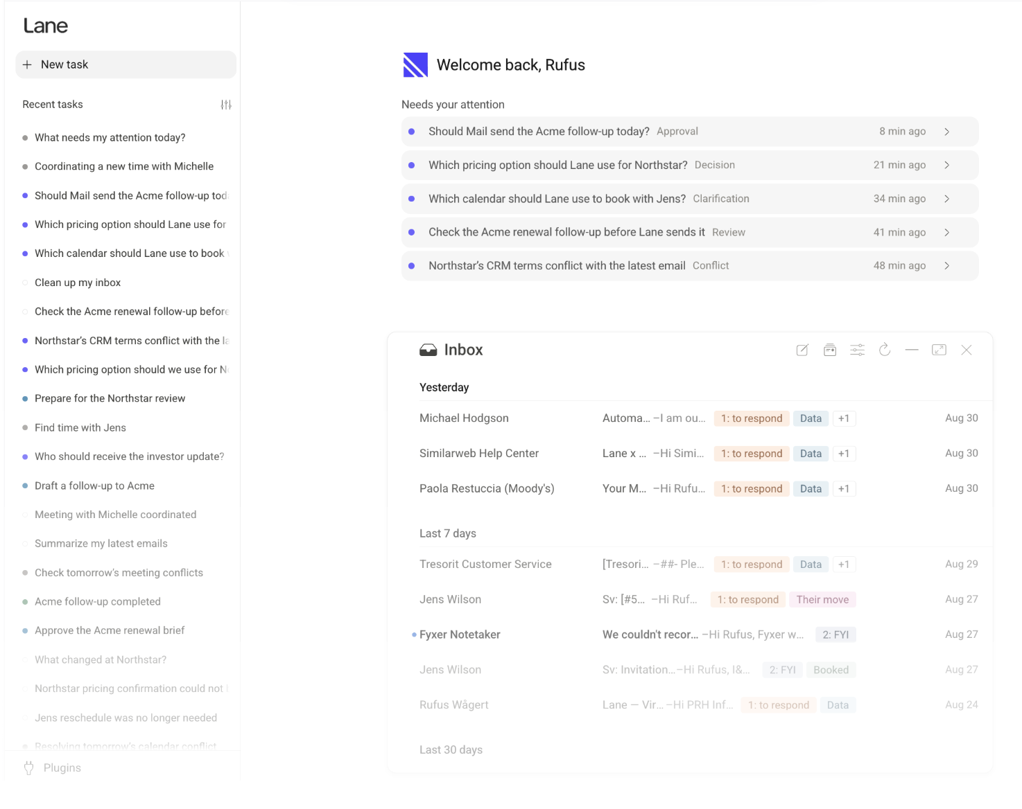 Lane app showing tasks, items needing attention and the inbox in one view